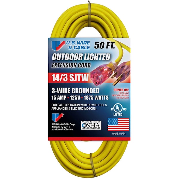 U.S. Wire & Cable SJTW Extension Cord, 14 AWG, Outdoor, 14/3, 1 Outlets, 5-15R, Yellow, Vinyl, 5-15P, 50 ft 73050 - main